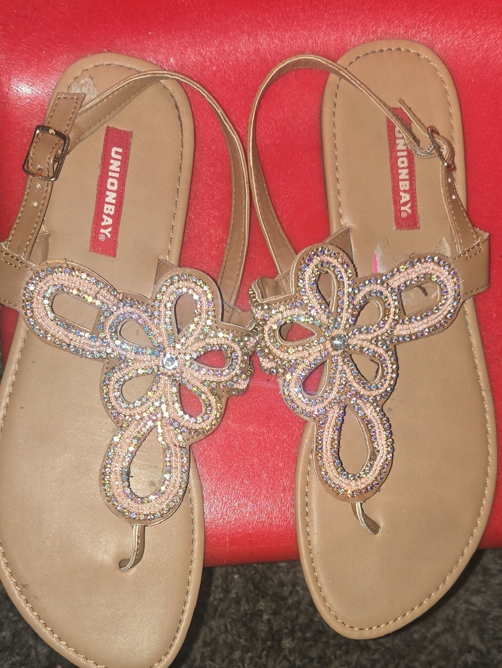 UNIONBAY Tan Rhinestone Floral T-Strap Sandals